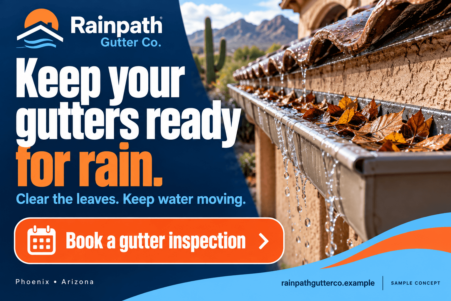 Rainpath Gutter Co. fictional gutter care postcard in the bold response style: Keep your gutters ready for rain.