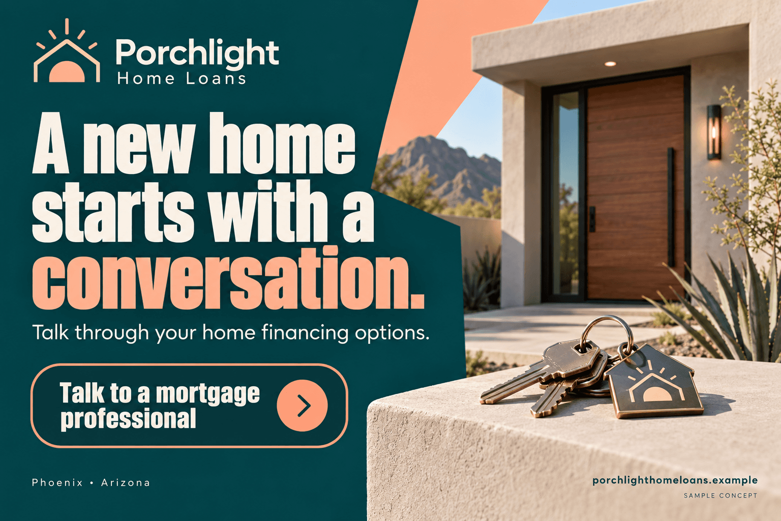 Porchlight Home Loans fictional mortgages postcard in the bold response style: A new home starts with a conversation.