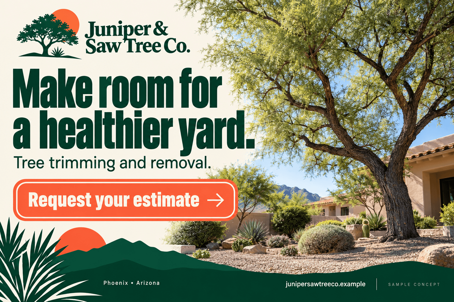 Juniper & Saw Tree Co. fictional tree care postcard in the bold response style: Make room for a healthier yard.