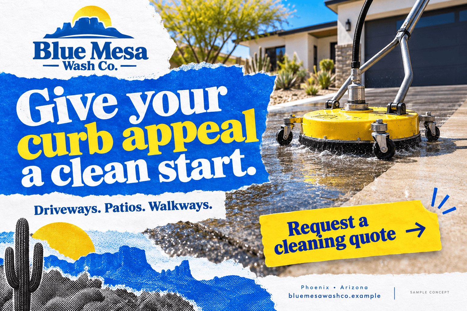 Blue Mesa Wash Co. fictional pressure washing postcard in the paper collage style: Give your curb appeal a clean start.