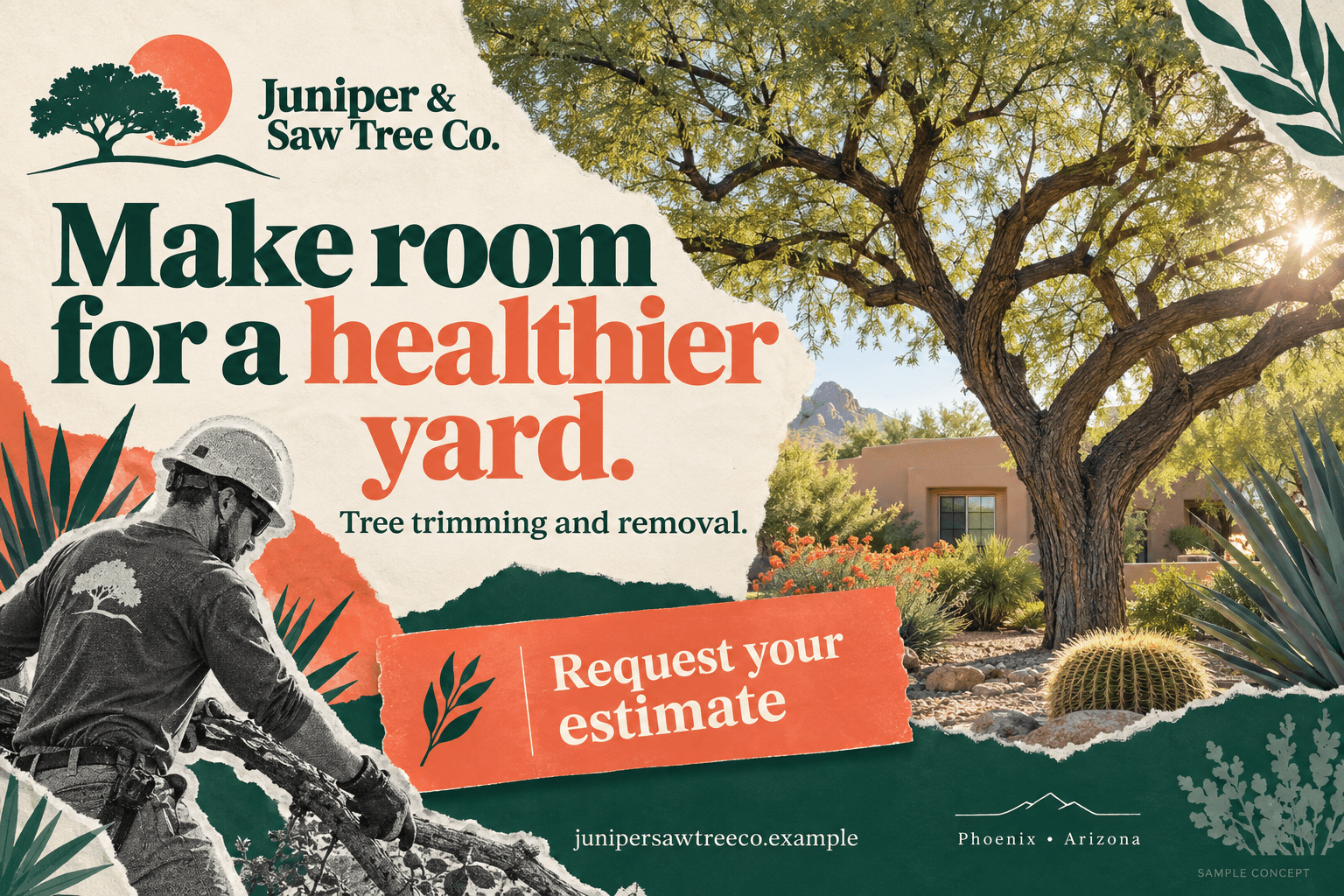 Juniper & Saw Tree Co. fictional tree care postcard in the paper collage style: Make room for a healthier yard.