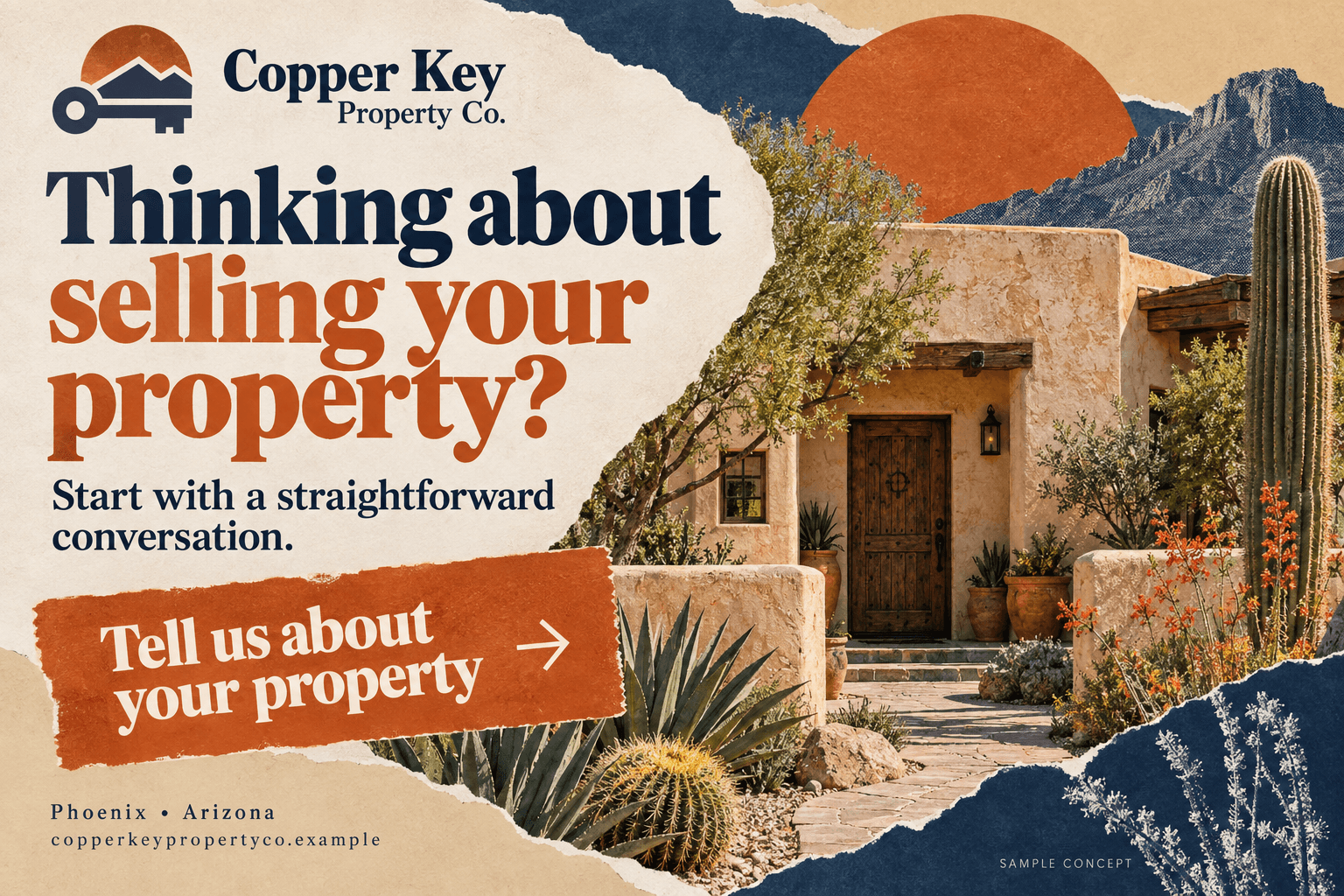 Copper Key Property Co. fictional wholesaling postcard in the paper collage style: Thinking about selling your property?