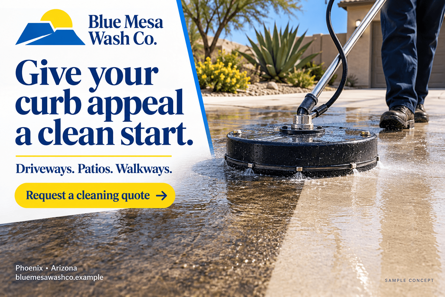 Blue Mesa Wash Co. fictional pressure washing postcard in the photo editorial style: Give your curb appeal a clean start.