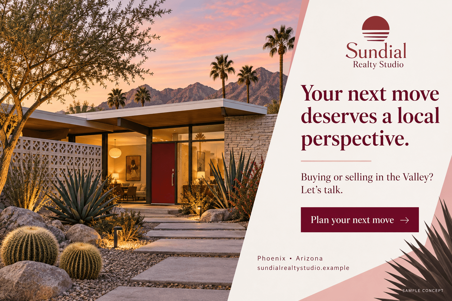 Sundial Realty Studio fictional real estate postcard in the photo editorial style: Your next move deserves a local perspective.