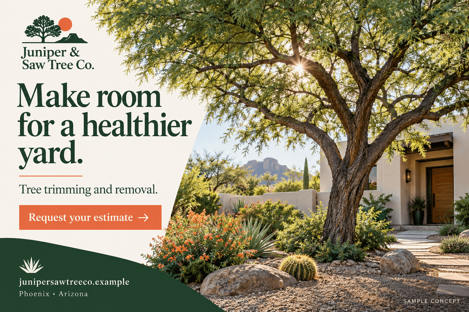 Juniper & Saw Tree Co. fictional tree care postcard in the photo editorial style: Make room for a healthier yard.
