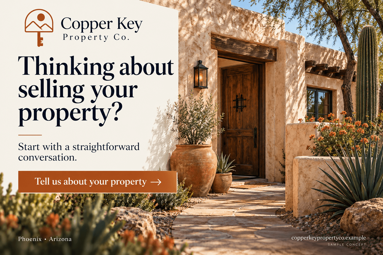 Copper Key Property Co. fictional wholesaling postcard in the photo editorial style: Thinking about selling your property?