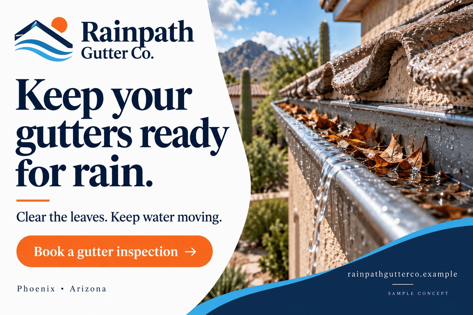 Rainpath Gutter Co. fictional gutter care postcard in the quiet luxury style: Keep your gutters ready for rain.