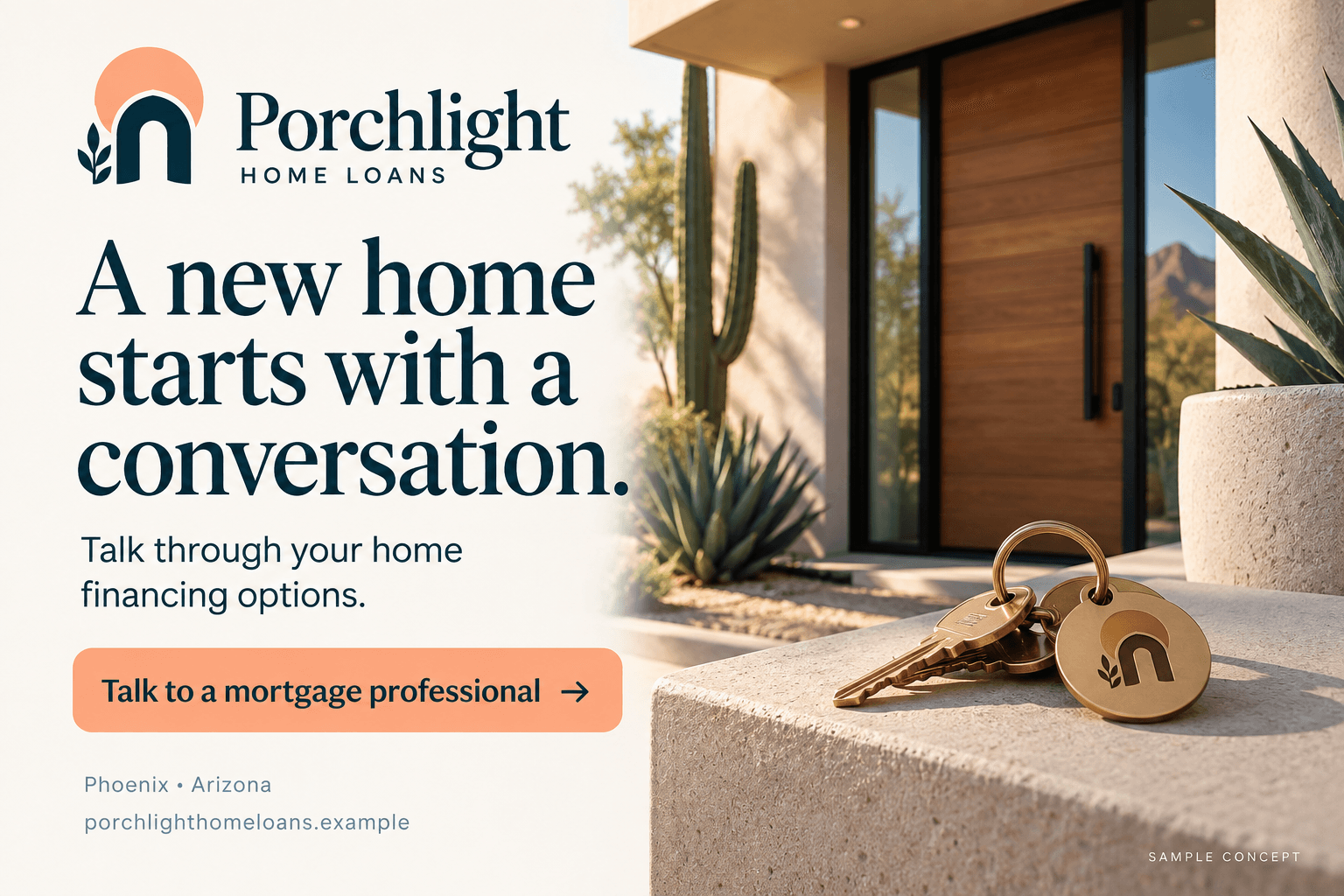 Porchlight Home Loans fictional mortgages postcard in the quiet luxury style: A new home starts with a conversation.