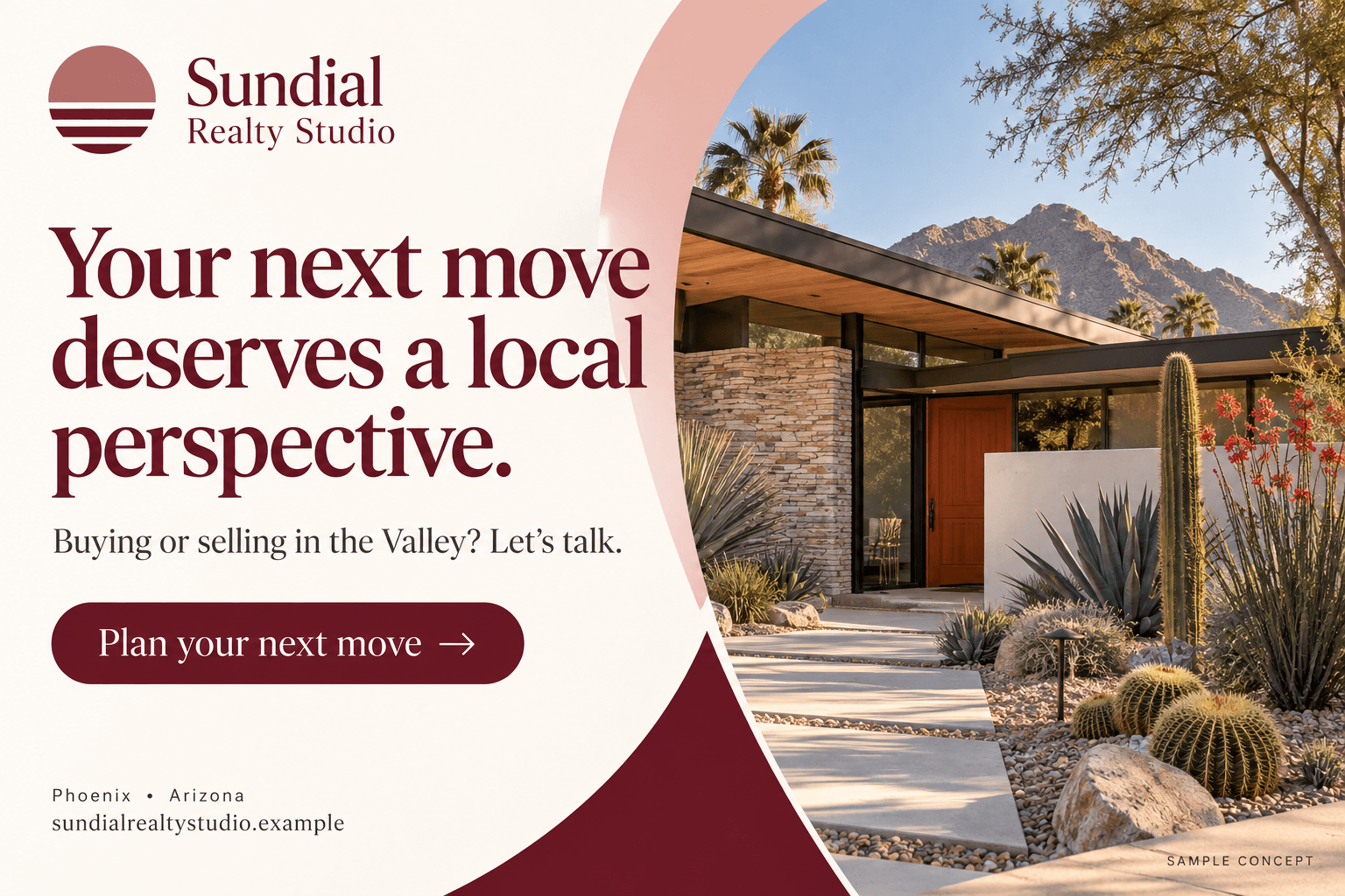 Sundial Realty Studio fictional real estate postcard in the quiet luxury style: Your next move deserves a local perspective.