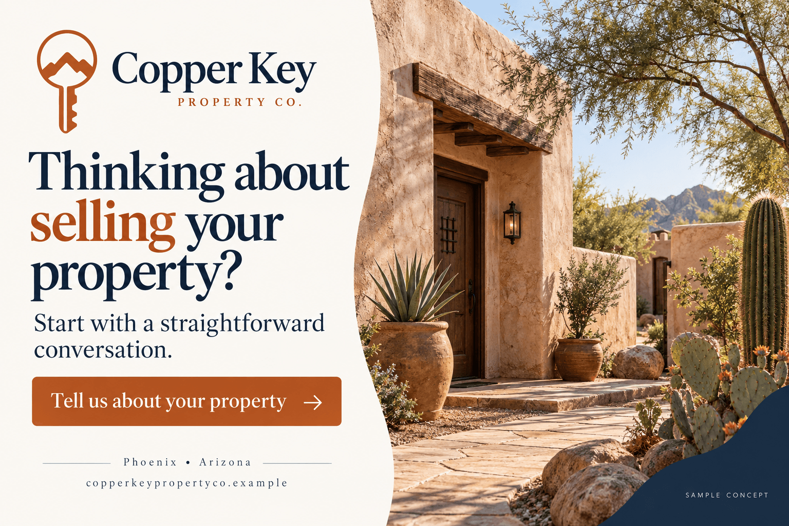 Copper Key Property Co. fictional wholesaling postcard in the quiet luxury style: Thinking about selling your property?