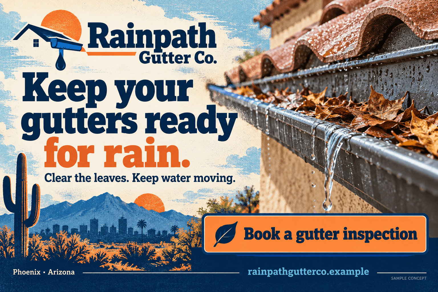 Rainpath Gutter Co. fictional gutter care postcard in the retro local style: Keep your gutters ready for rain.