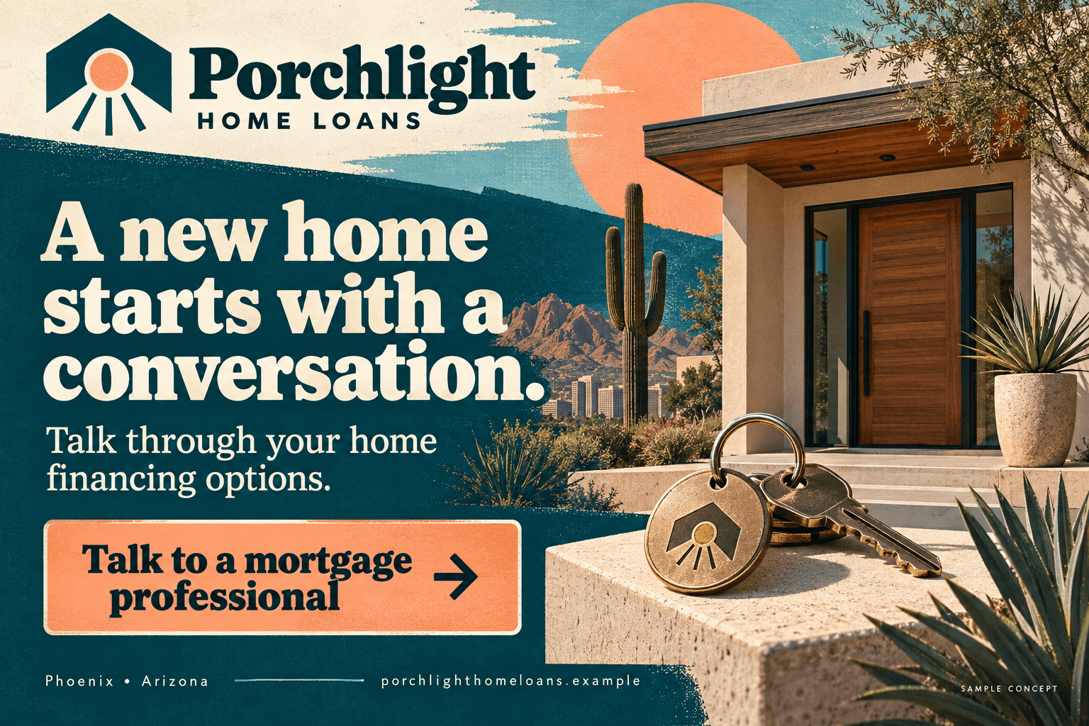 Porchlight Home Loans fictional mortgages postcard in the retro local style: A new home starts with a conversation.