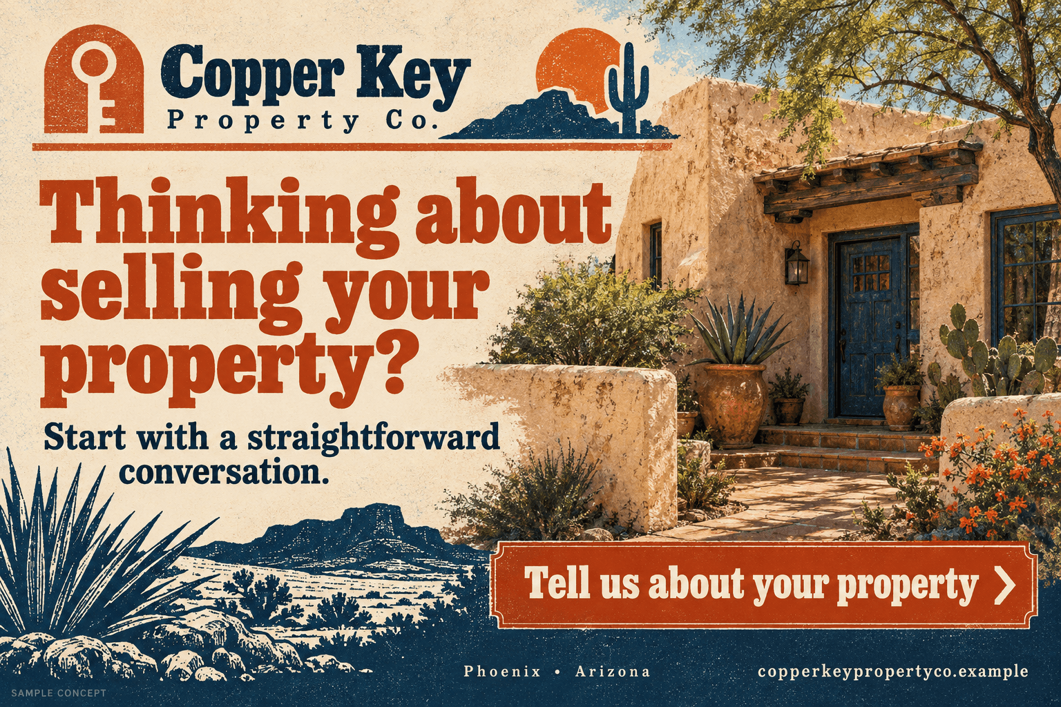 Copper Key Property Co. fictional wholesaling postcard in the retro local style: Thinking about selling your property?