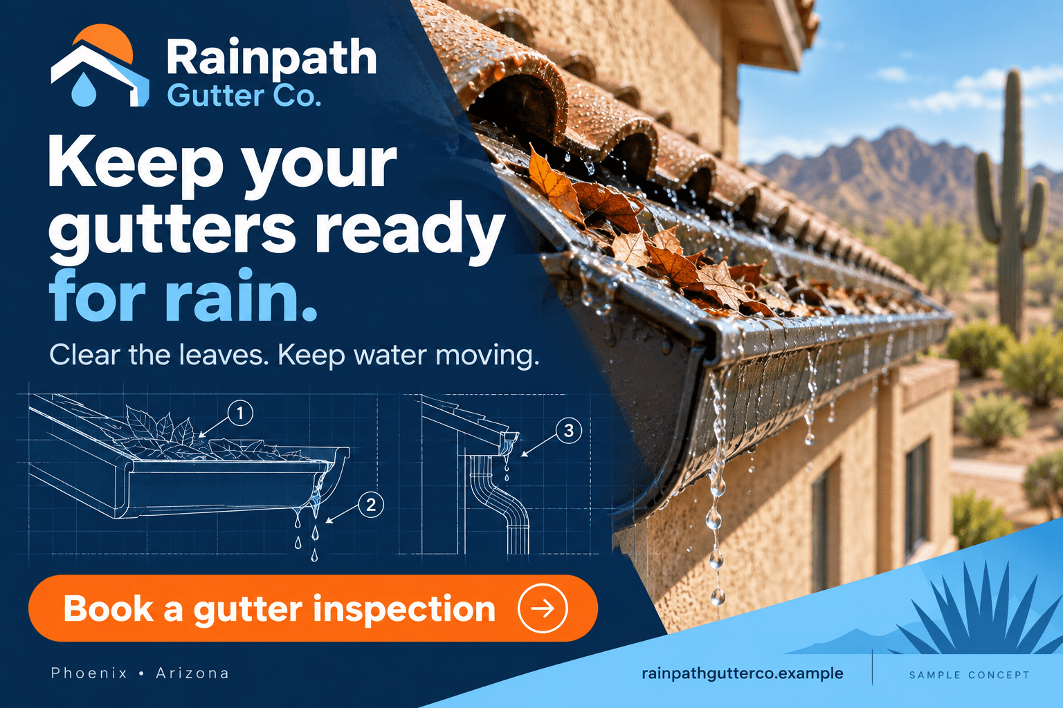 Rainpath Gutter Co. fictional gutter care postcard in the precision diagram style: Keep your gutters ready for rain.