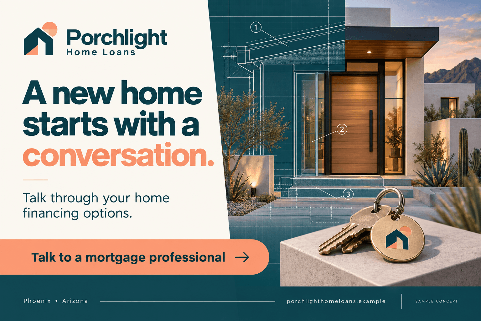 Porchlight Home Loans fictional mortgages postcard in the precision diagram style: A new home starts with a conversation.