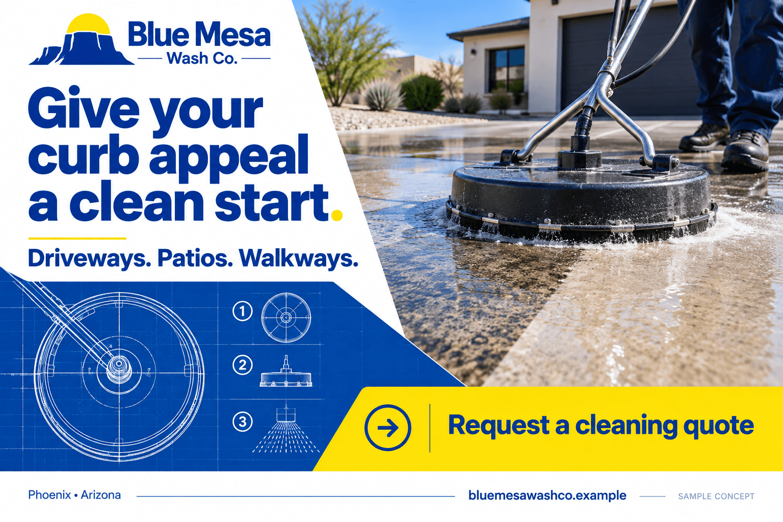 Blue Mesa Wash Co. fictional pressure washing postcard in the precision diagram style: Give your curb appeal a clean start.