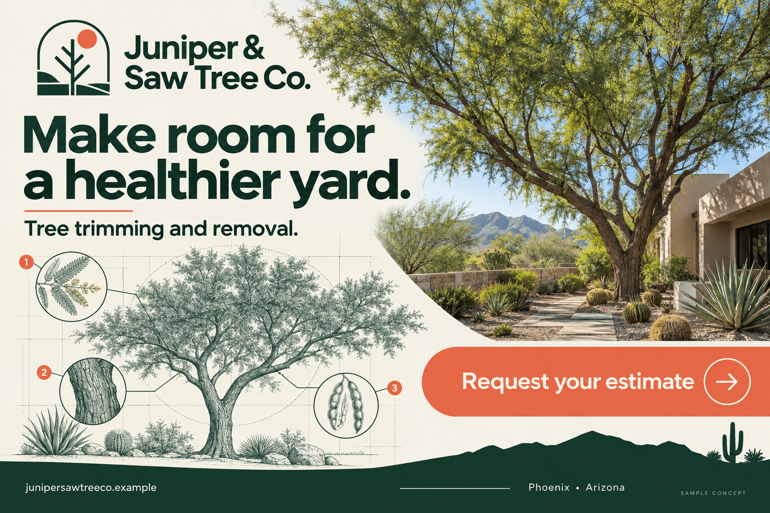 Juniper & Saw Tree Co. fictional tree care postcard in the precision diagram style: Make room for a healthier yard.